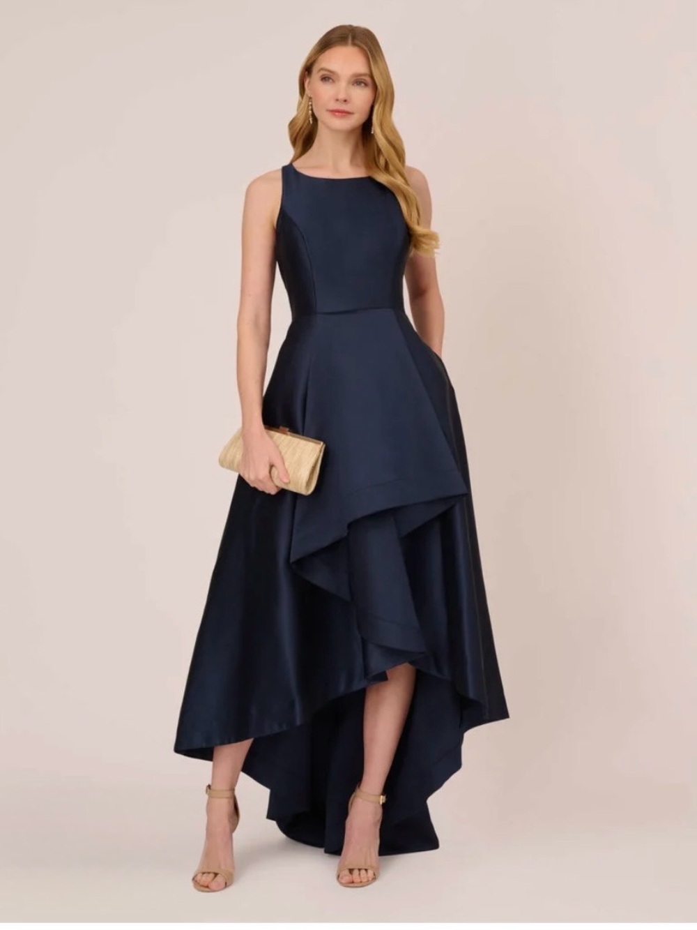 Adrianna Papell | Mikado High/Low Sleeveless Gown, Navy, Size 12 - EUC